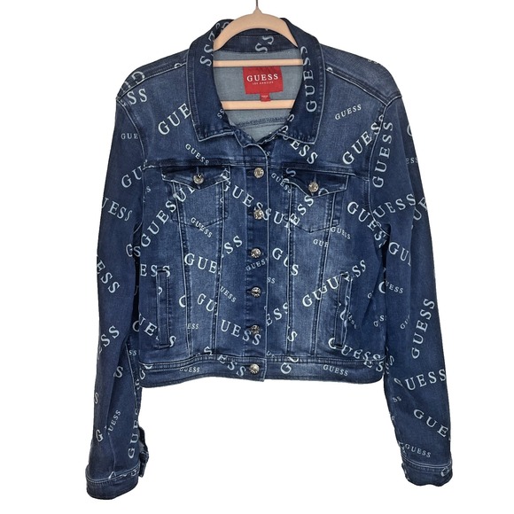 GUESS Denim Jacket Womens Large Allover Logo Blue Button Front Short Y2K Stretch - Picture 1 of 12